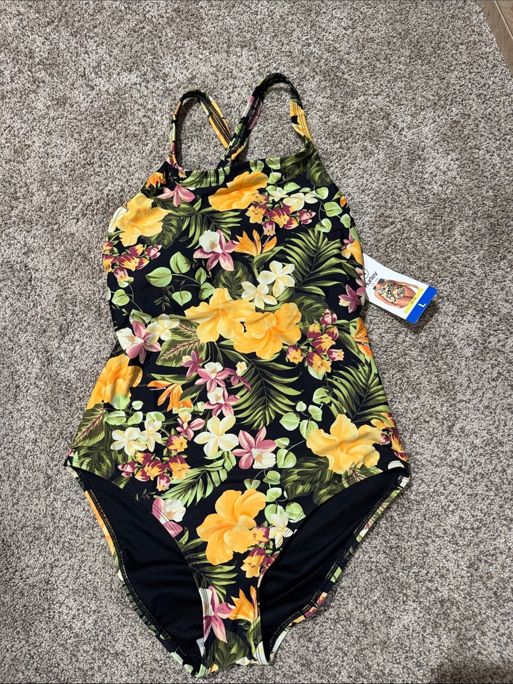 Hurley Black Floral One-Piece Woman’s Swimsuit with Yellow & Green Accents Large